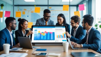 A group of business professionals collaborating around a digital touchscreen table displaying charts and a sales pipeline dashboard in a modern office.