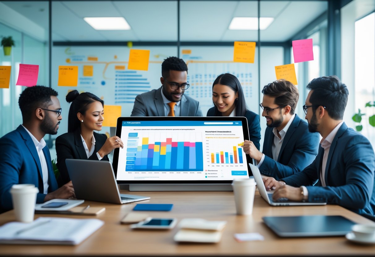 A group of business professionals collaborating around a digital touchscreen table displaying charts and a sales pipeline dashboard in a modern office.