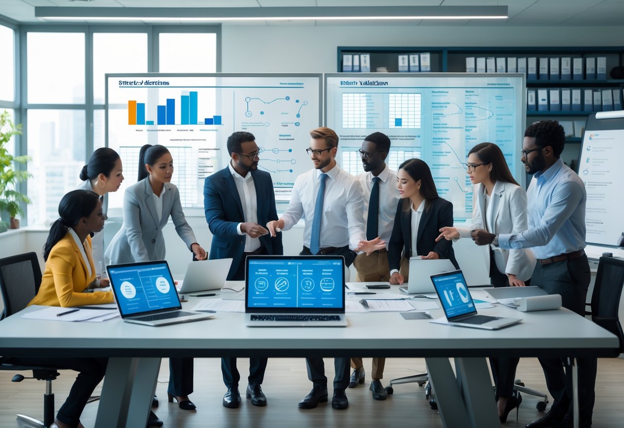 A diverse team of professionals collaborating around a table with digital devices and data screens, analyzing information in a modern office setting.