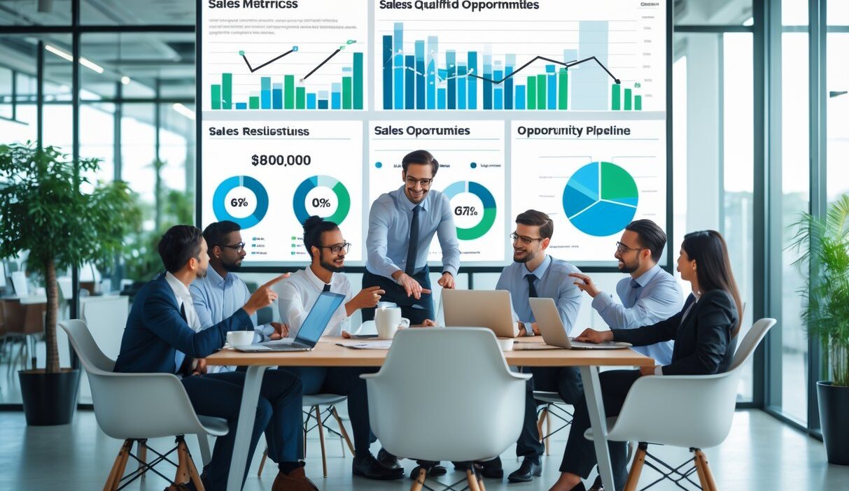 A group of business professionals collaborating around a conference table, reviewing sales data on a large screen in a modern office.