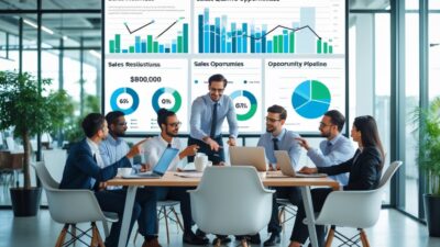 A group of business professionals collaborating around a conference table, reviewing sales data on a large screen in a modern office.