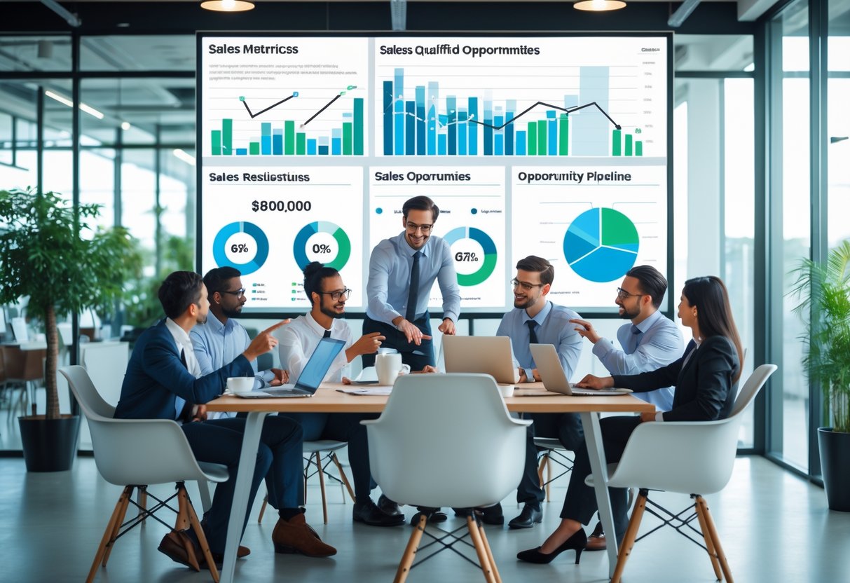 A group of business professionals collaborating around a conference table, reviewing sales data on a large screen in a modern office.