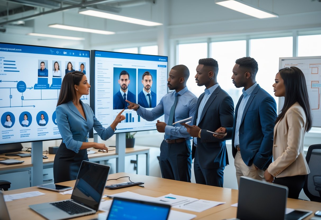 A group of professionals reviewing suspect profiles on digital screens in an office setting.
