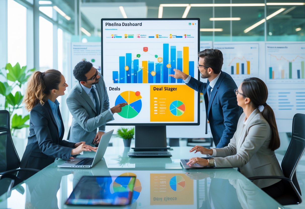 A group of business professionals collaborating around a digital touchscreen table displaying a deal pipeline dashboard in a bright conference room.