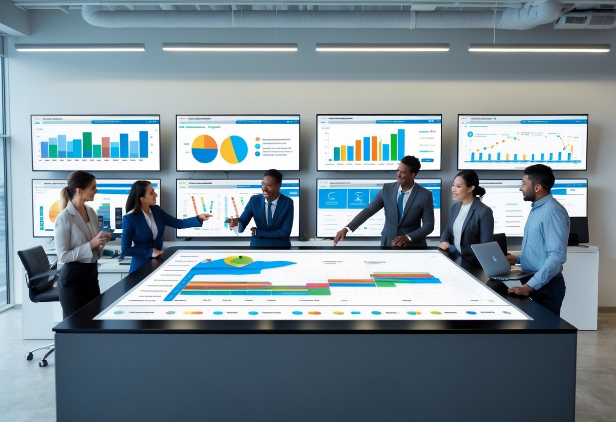 Business professionals collaborating around digital screens displaying sales pipeline charts and analytics in a modern office.