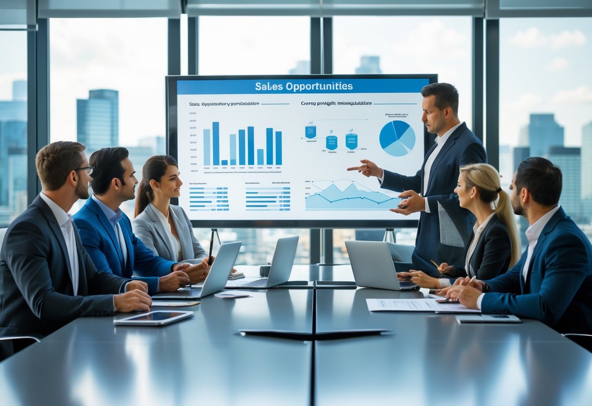 A group of business professionals having a meeting around a conference table with charts and laptops, discussing sales opportunities.