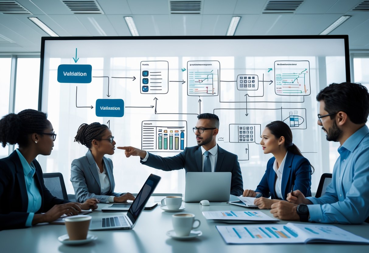 A group of professionals collaborating around a table with laptops and documents, discussing charts and checklists related to validation and verification processes.