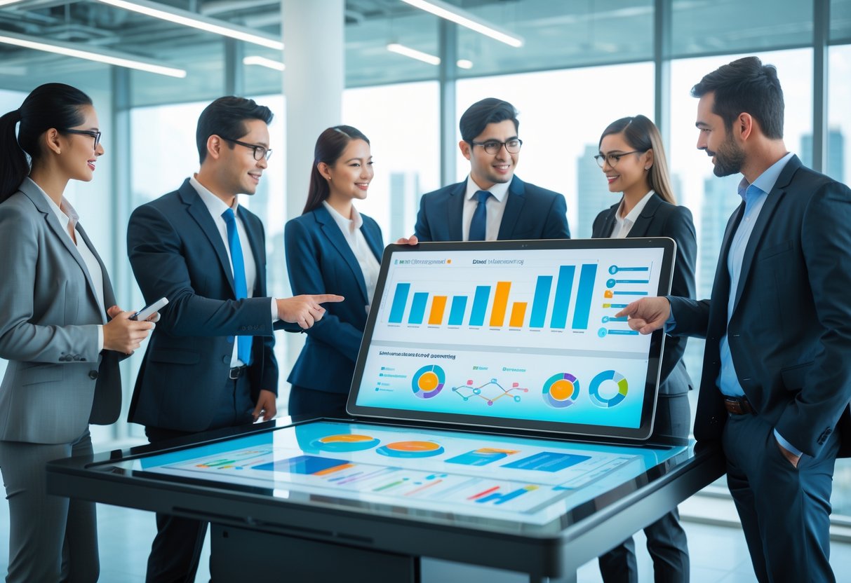 Business professionals collaborating around a digital touchscreen table displaying a deal pipeline dashboard in a modern office.