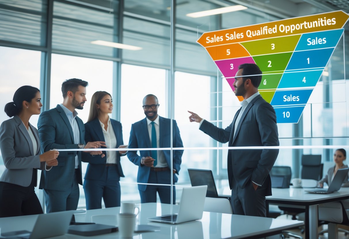 Business professionals collaborating around a glass board showing a sales funnel, focusing on the stage of sales qualified opportunities.