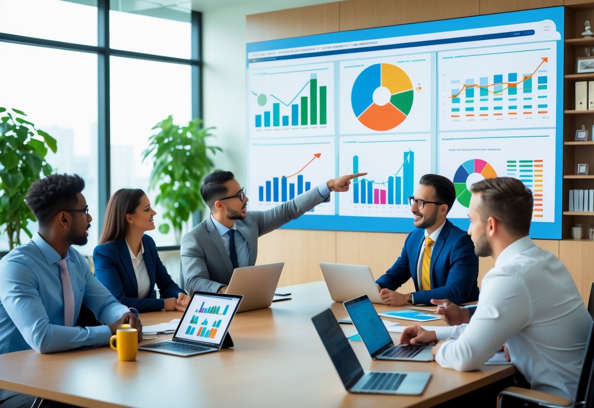 A team of business professionals in an office meeting room analyzing sales data on a large screen and discussing charts and graphs around a conference table.