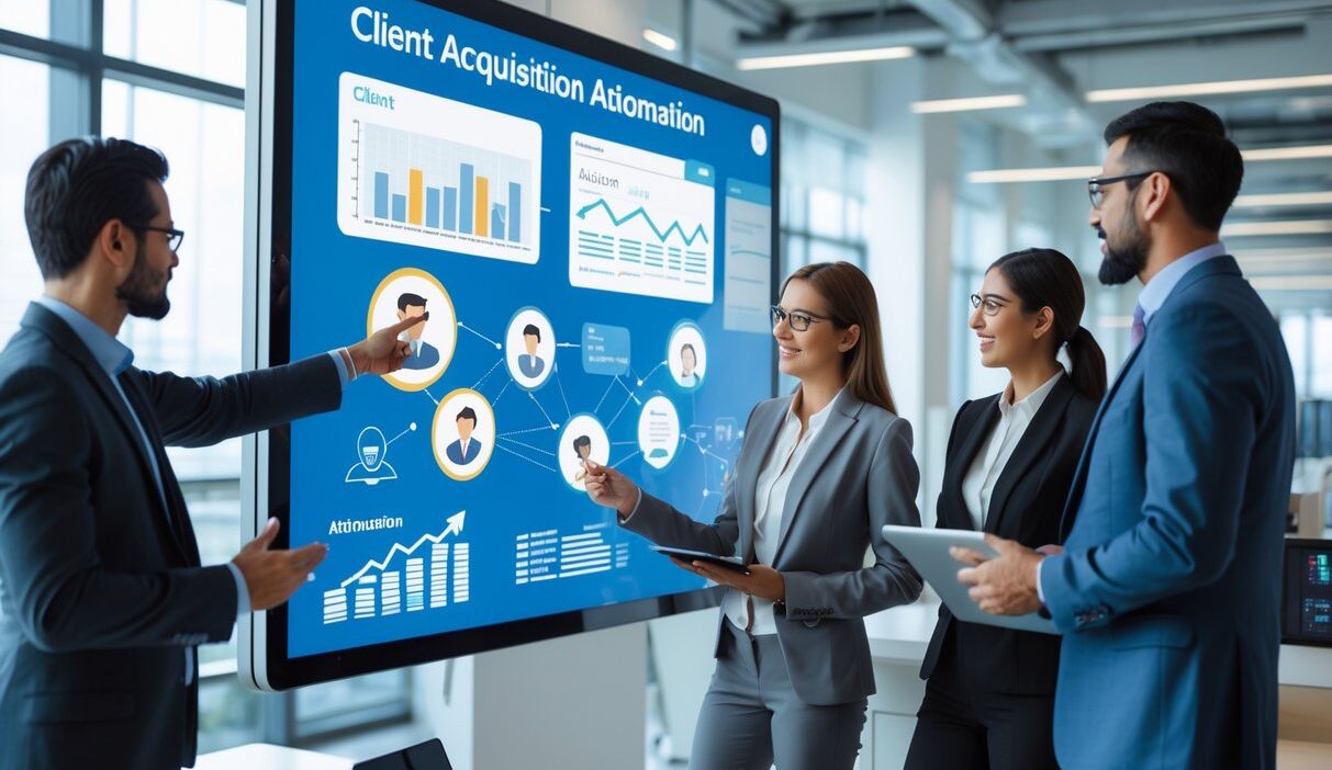 Business professionals collaborating around a digital touchscreen displaying graphs and client data in a modern office.