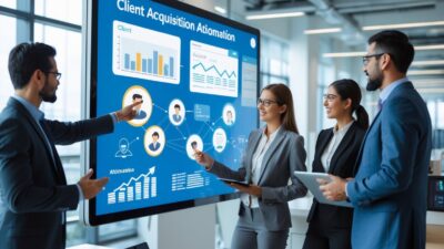 Business professionals collaborating around a digital touchscreen displaying graphs and client data in a modern office.