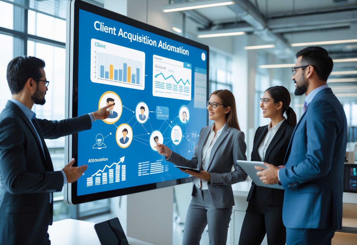 Business professionals collaborating around a digital touchscreen displaying graphs and client data in a modern office.