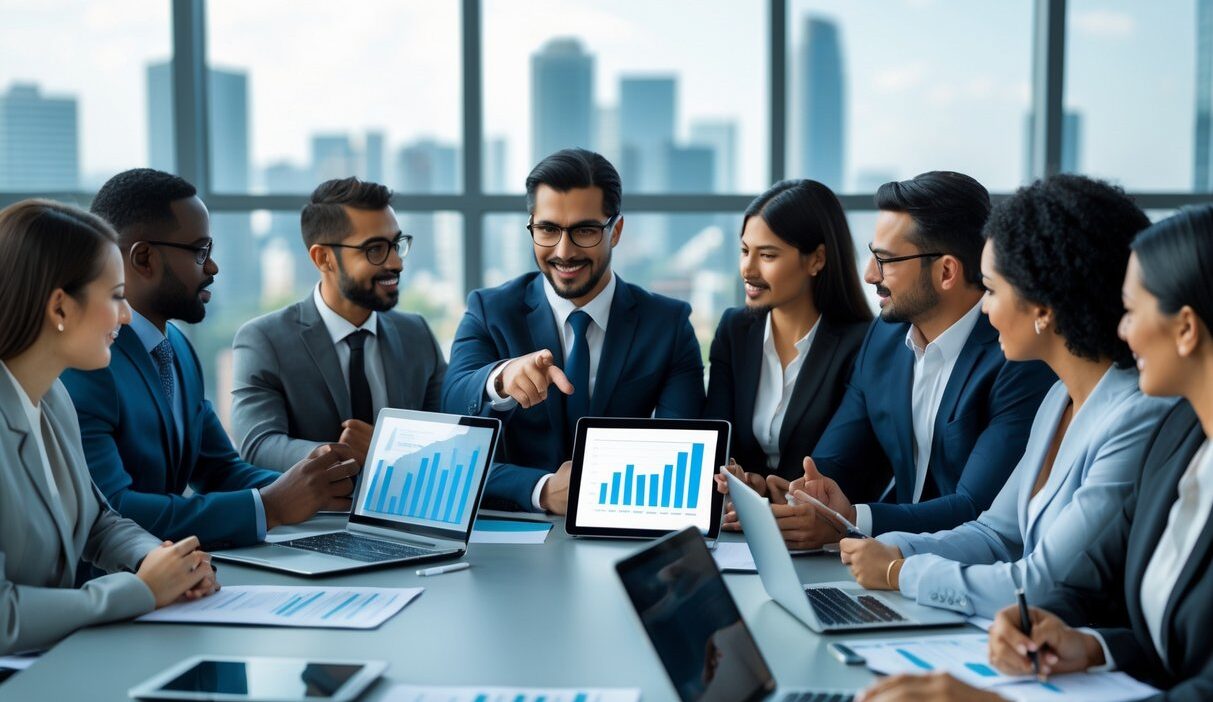 A diverse group of business professionals collaborating around a conference table with laptops and documents in a modern office.