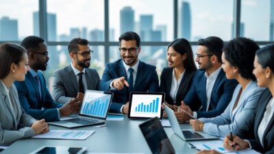 A diverse group of business professionals collaborating around a conference table with laptops and documents in a modern office.