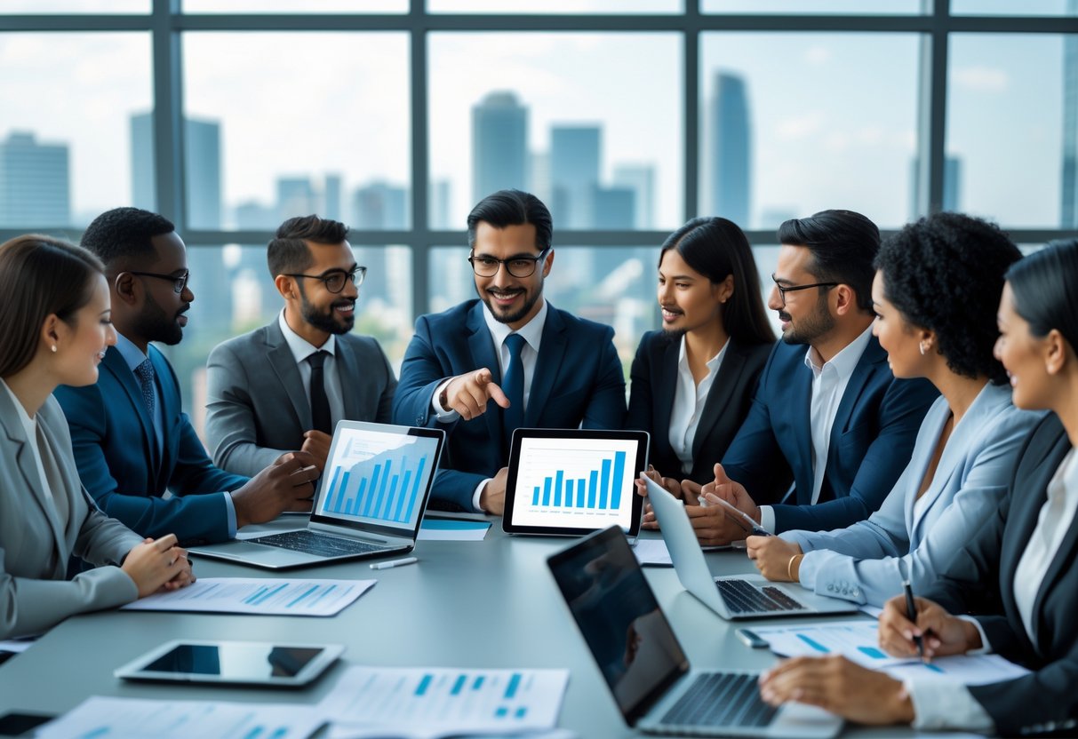 A diverse group of business professionals collaborating around a conference table with laptops and documents in a modern office.
