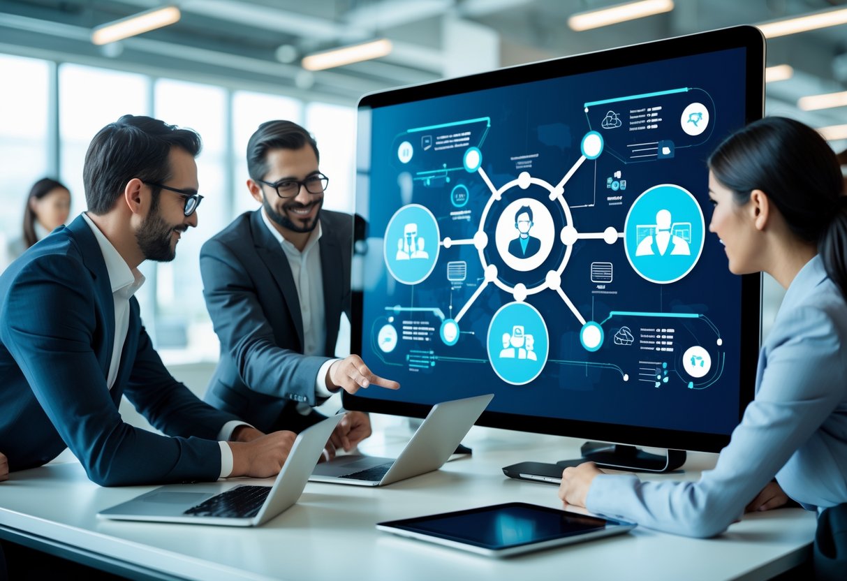 Business professionals collaborating around a digital touchscreen displaying automation and client data in a modern office.
