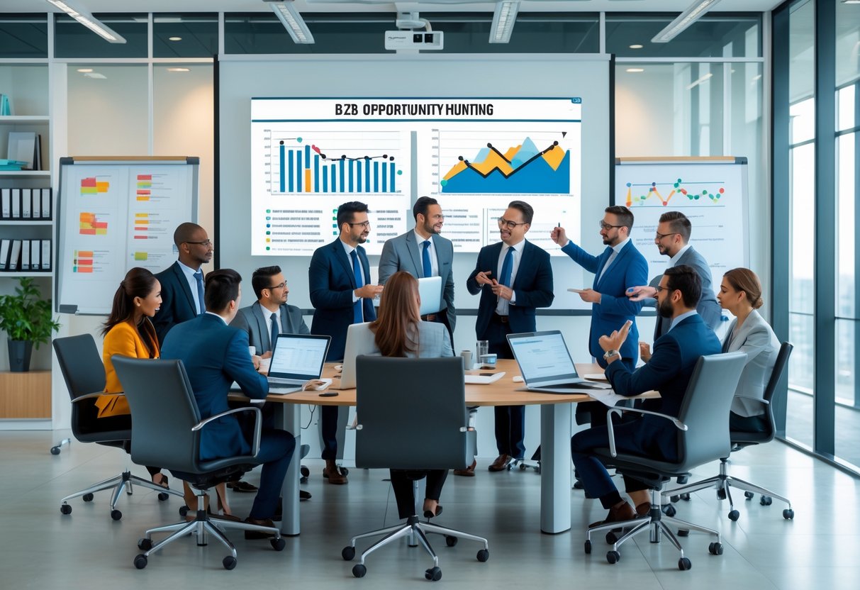 Business professionals collaborating around a table with laptops and charts in a modern office meeting room.