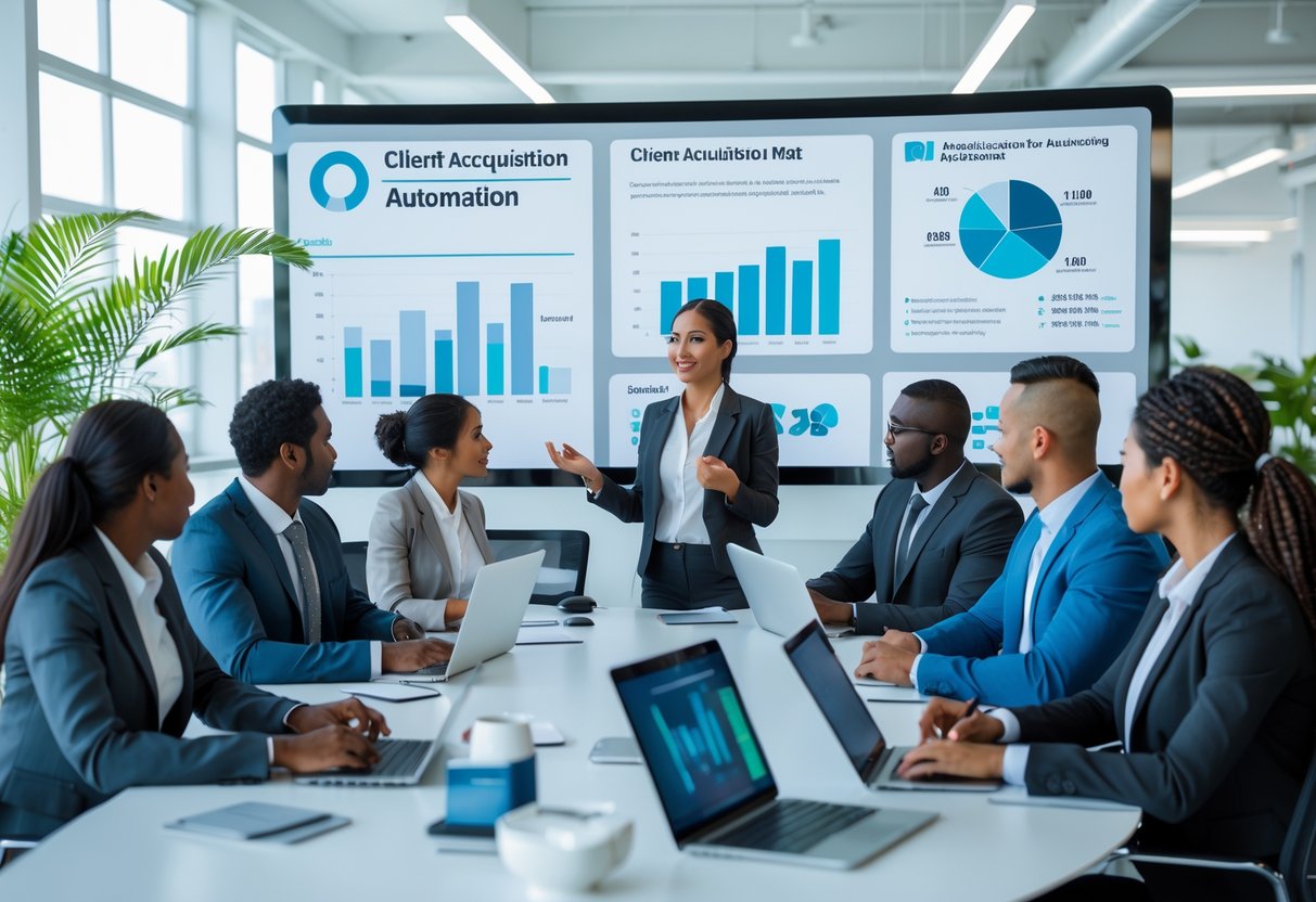 A group of business professionals collaborating in a modern office with a woman presenting data on a large screen while others listen and take notes.