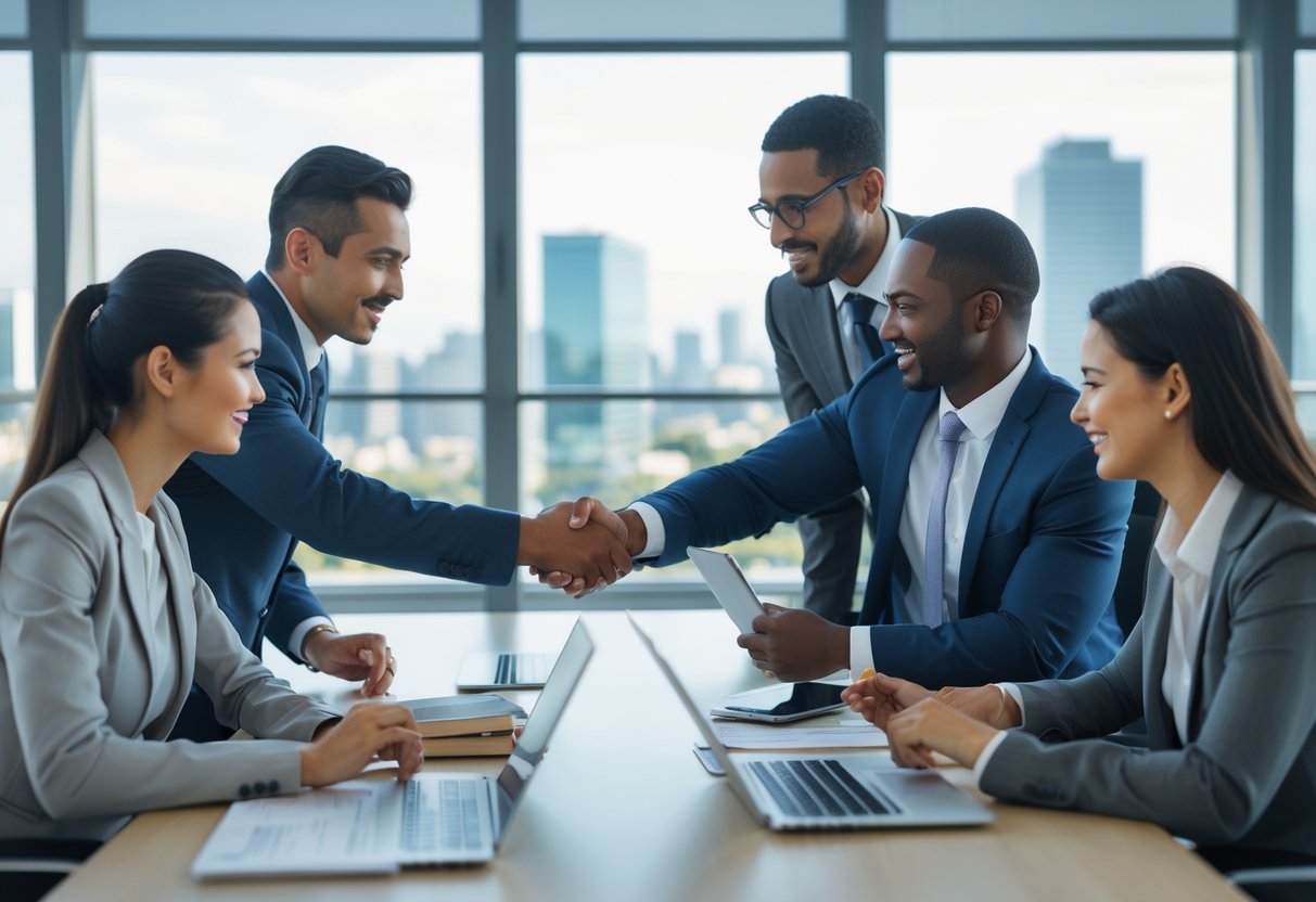 Business professionals shaking hands and collaborating in a modern office during a meeting.