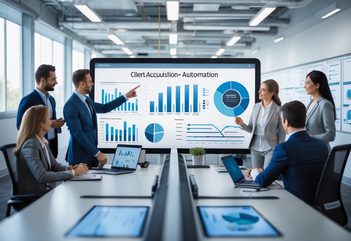A group of business professionals collaborating around a digital touchscreen table displaying graphs and automation workflows in a modern office.