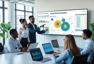 A group of business professionals collaborating around a conference table with laptops and a large screen displaying client profiles and sales data in a modern office.