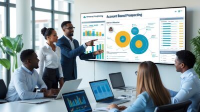 A group of business professionals collaborating around a conference table with laptops and a large screen displaying client profiles and sales data in a modern office.