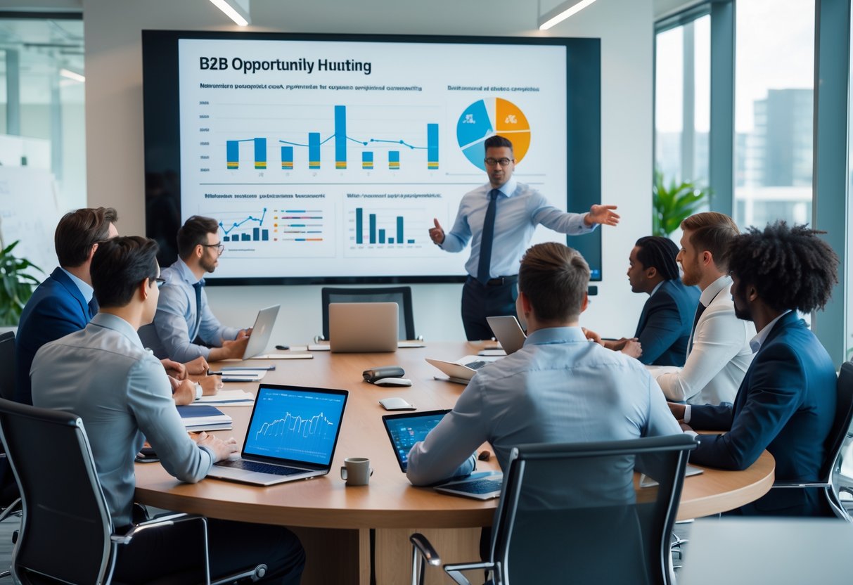 A group of business professionals in a meeting room reviewing charts and data on a large screen while discussing strategy around a conference table.