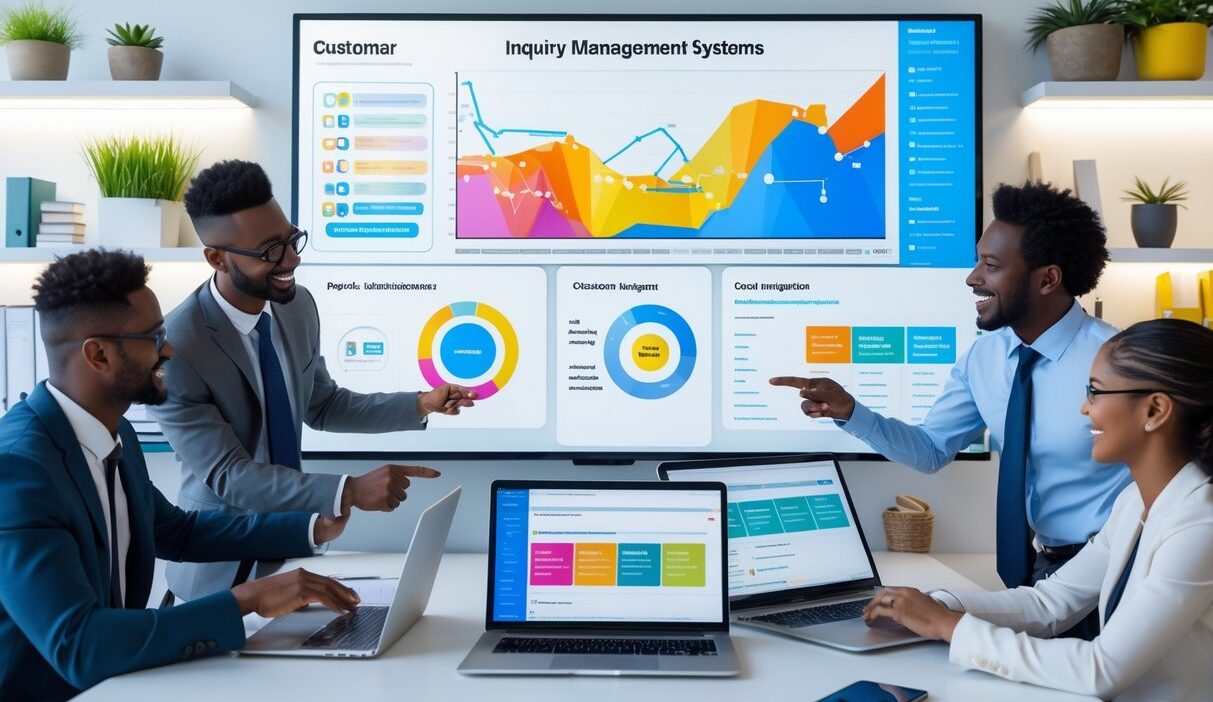 A group of business professionals collaborating around a digital touchscreen display showing charts and data in a modern office.