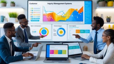 A group of business professionals collaborating around a digital touchscreen display showing charts and data in a modern office.