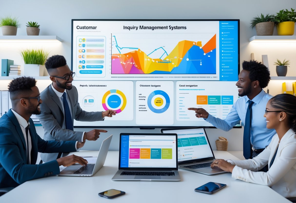 A group of business professionals collaborating around a digital touchscreen display showing charts and data in a modern office.