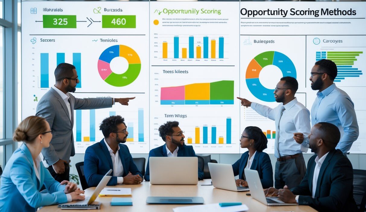 A group of business professionals collaborating around a table with charts and graphs displayed on a glass board in a modern office.