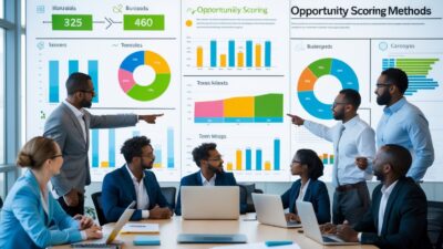 A group of business professionals collaborating around a table with charts and graphs displayed on a glass board in a modern office.