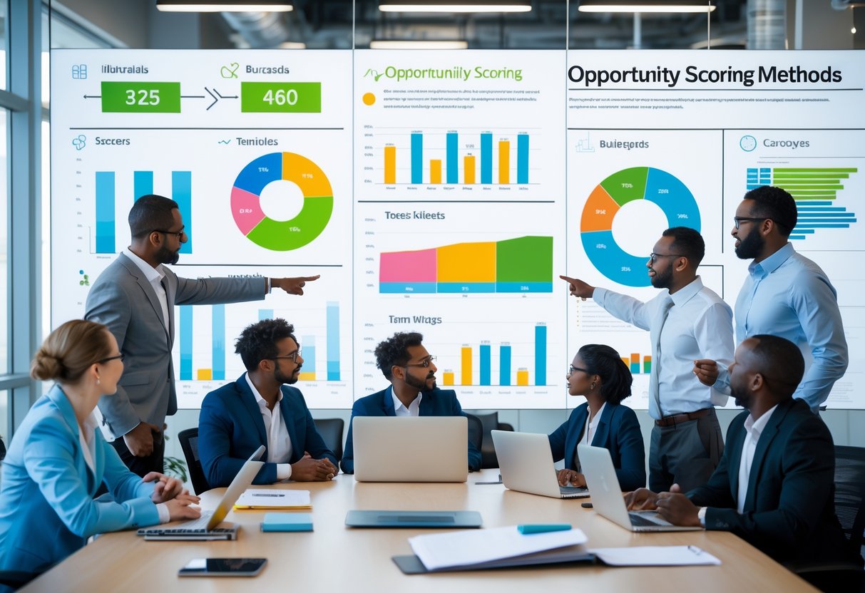 A group of business professionals collaborating around a table with charts and graphs displayed on a glass board in a modern office.