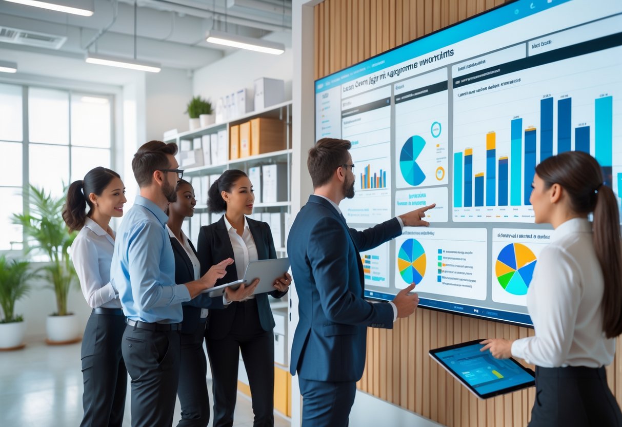 A group of professionals collaborating around a digital touchscreen displaying inquiry management data in a bright office.