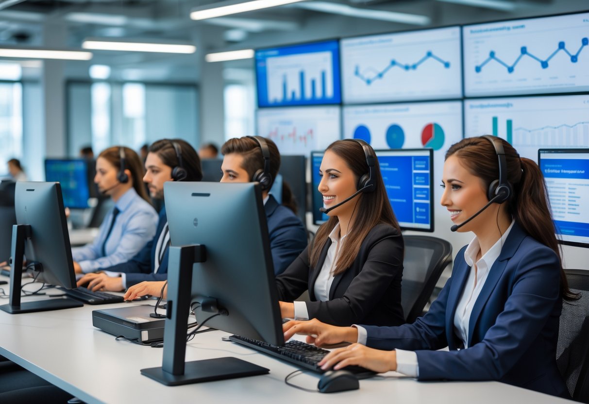 A diverse team of customer service representatives working at computers with headsets in a modern office.