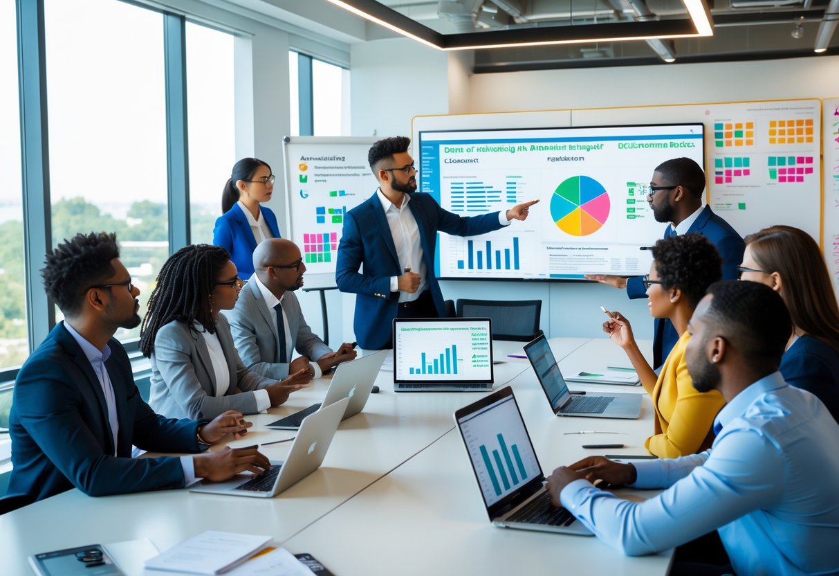 A group of business professionals collaborating around a conference table with laptops and charts, discussing data and opportunity scoring in a modern office.