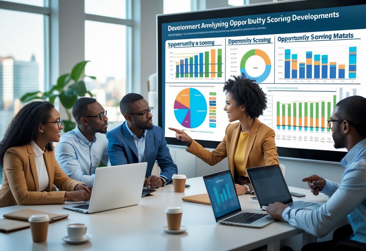 A diverse team of professionals collaborating around a digital screen displaying charts and data in a bright office meeting room.