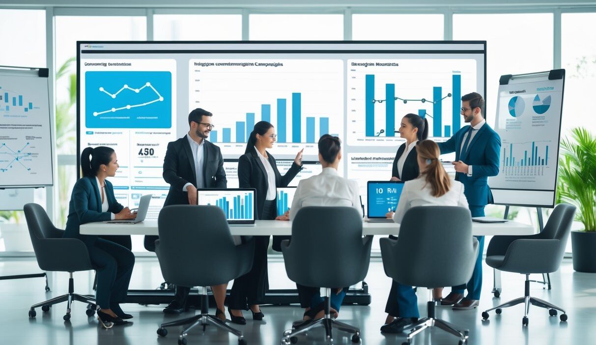 A group of business professionals collaborating around a table with laptops and digital charts in a bright office.