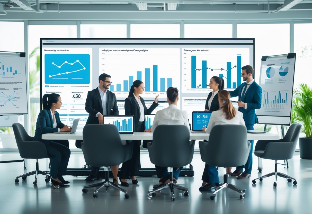 A group of business professionals collaborating around a table with laptops and digital charts in a bright office.