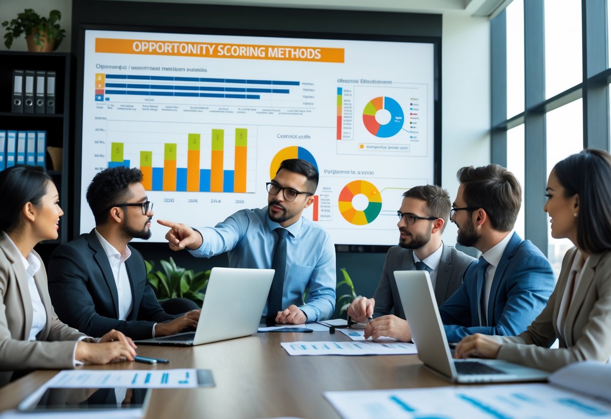 A group of business professionals collaborating around a conference table with laptops and charts, discussing data displayed on a large screen in a modern office.