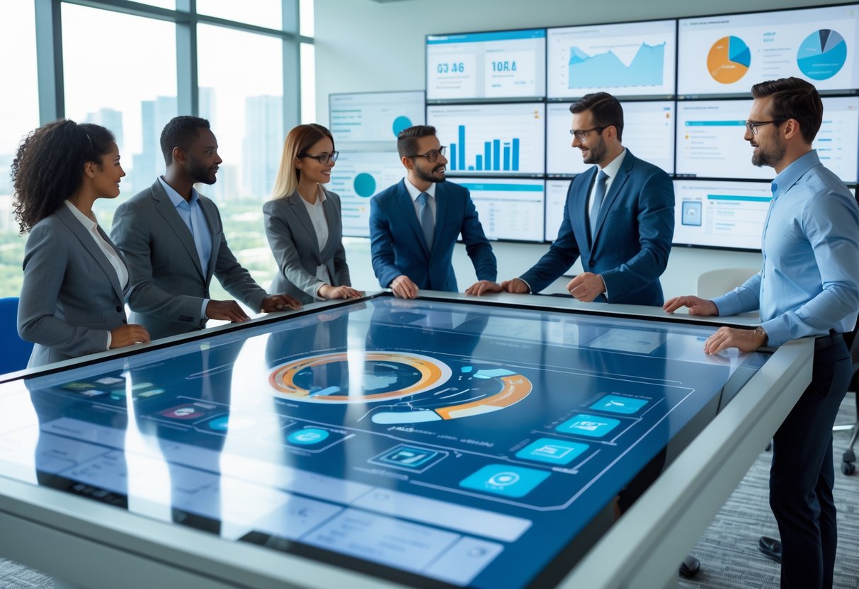 A group of business professionals collaborating around a digital touchscreen table with data charts and dashboards in a modern office.