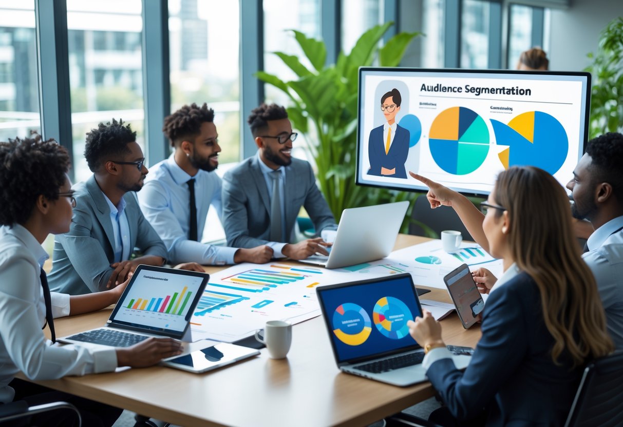 A diverse team of marketing professionals collaborating around a conference table with laptops and charts displaying audience segmentation.