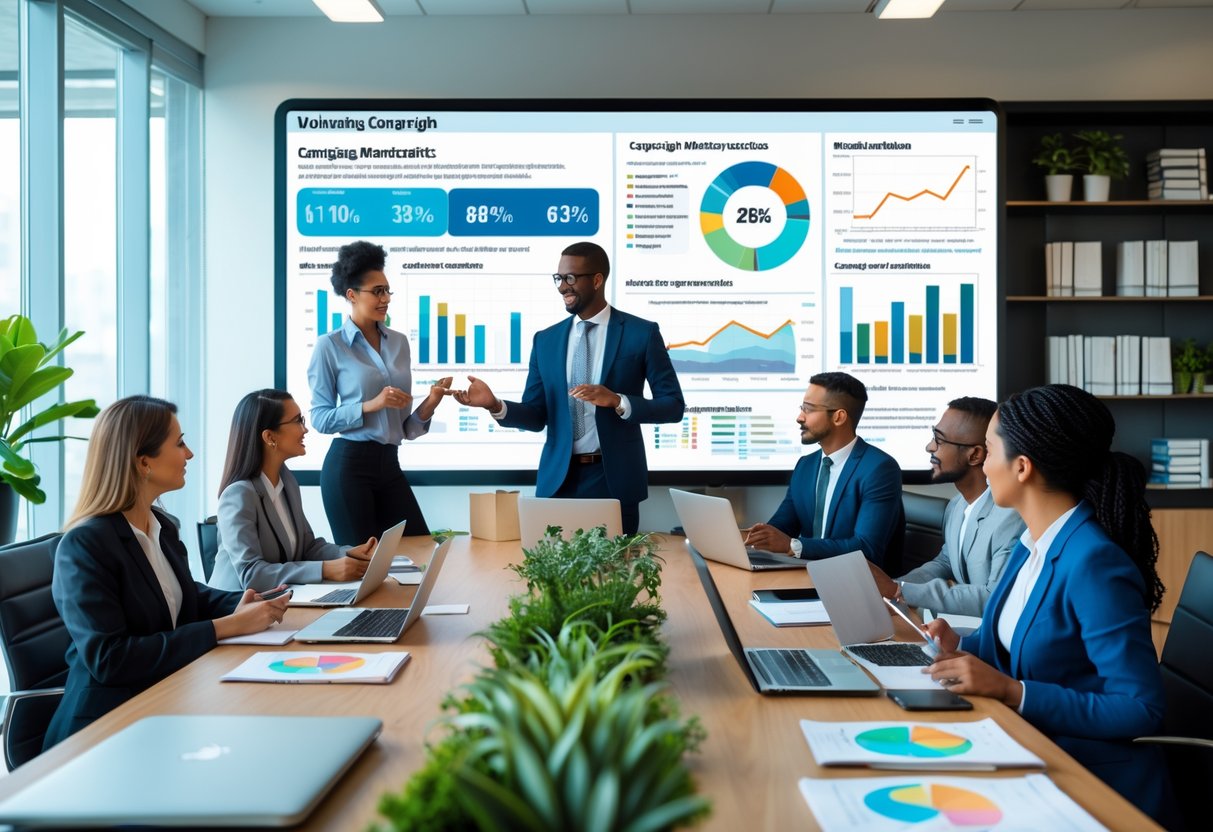 A team of professionals collaborating around a table with laptops and charts in a bright office, focusing on a digital screen displaying campaign data.