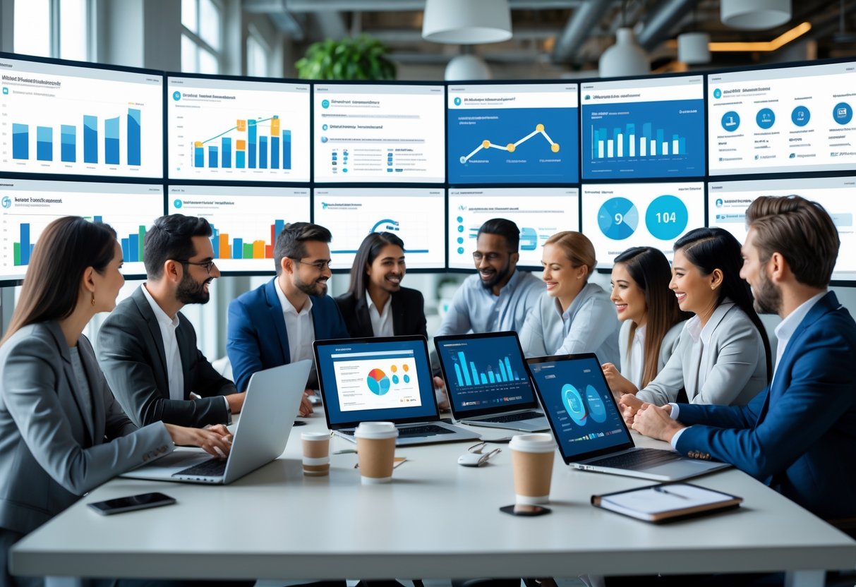 A group of business professionals collaborating around a table with laptops and digital screens showing marketing and communication data.
