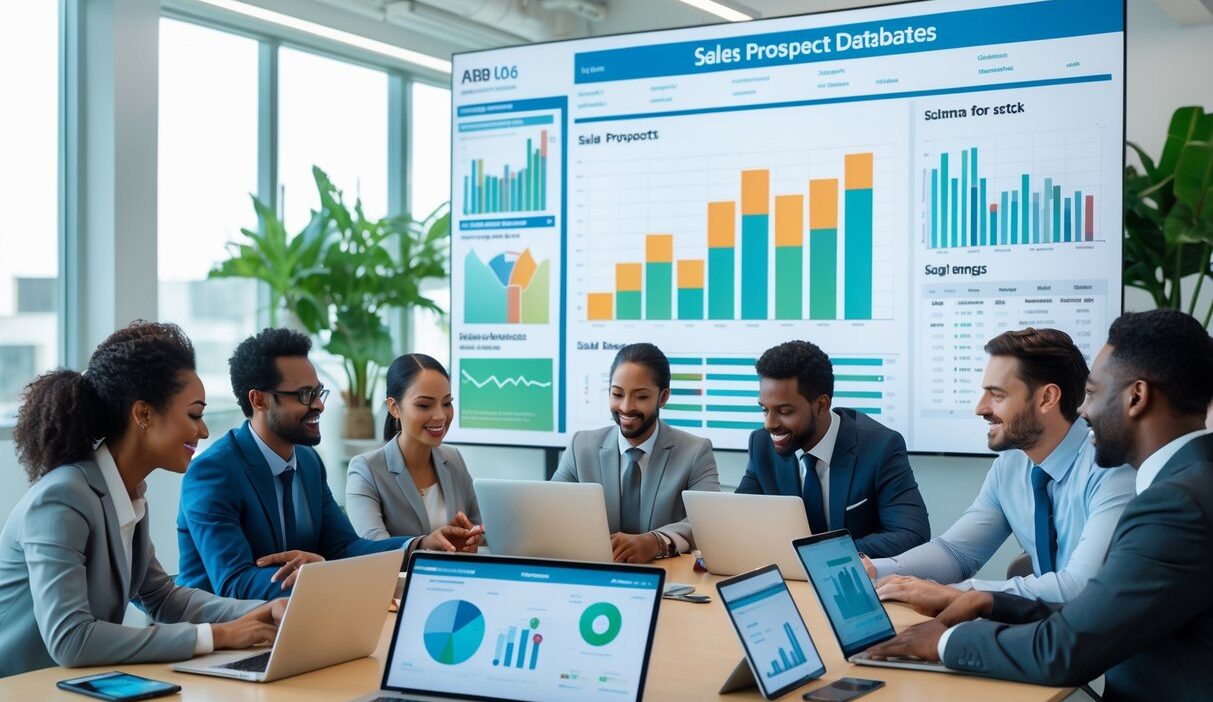 Business professionals working together around a table with digital devices displaying sales data and charts in a bright office.