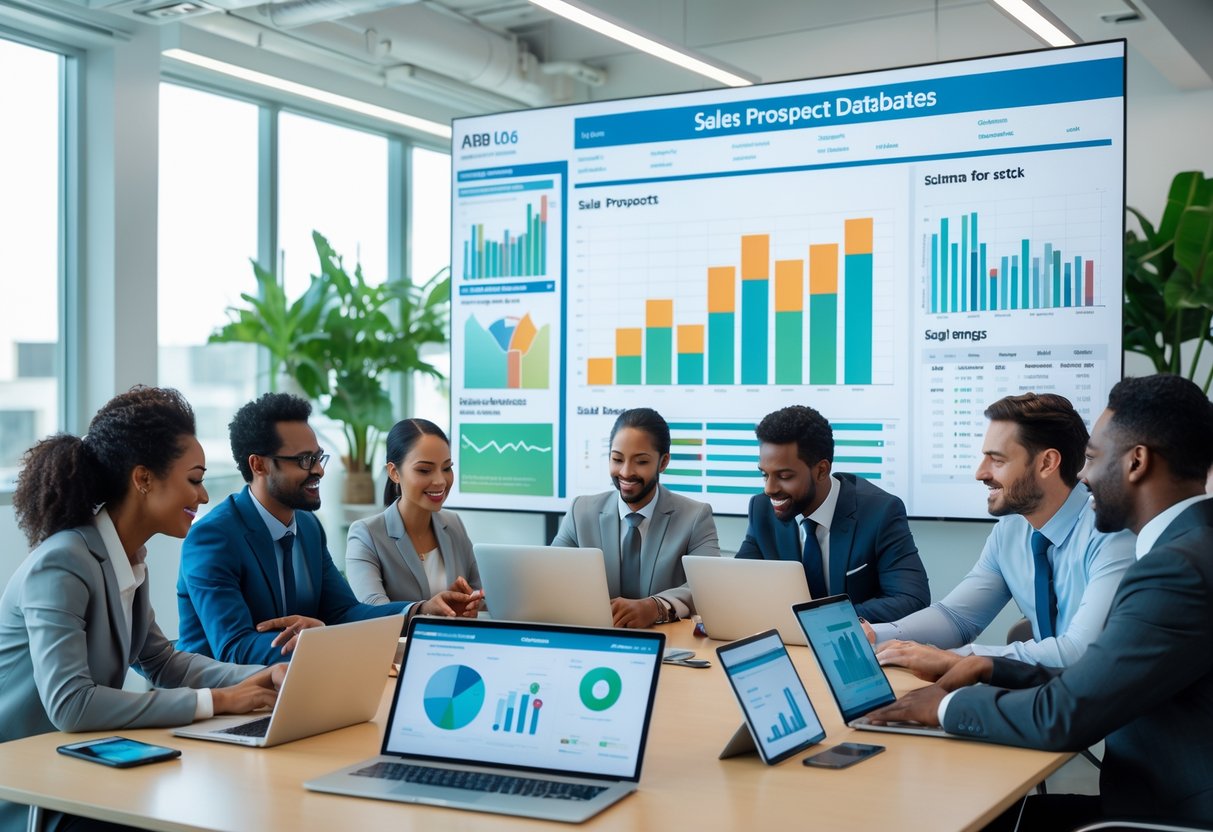 Business professionals working together around a table with digital devices displaying sales data and charts in a bright office.
