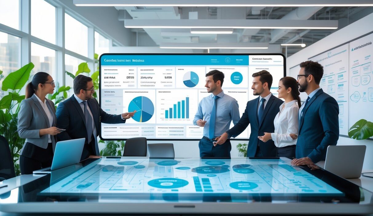 A group of business professionals collaborating around a digital touchscreen table displaying contact data and charts in a modern office.