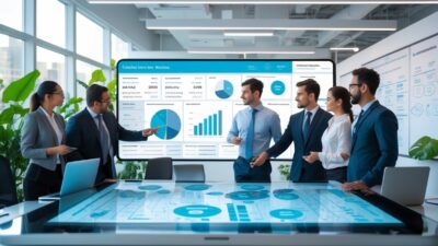 A group of business professionals collaborating around a digital touchscreen table displaying contact data and charts in a modern office.