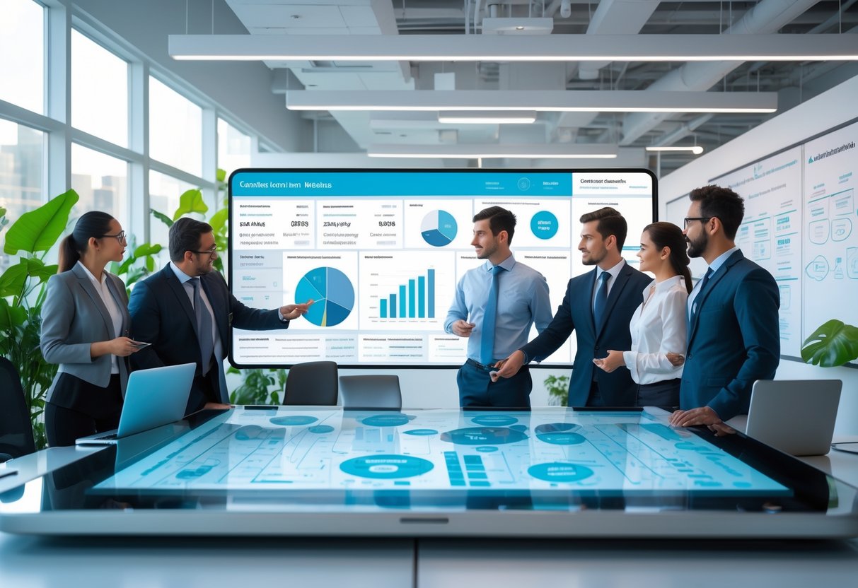 A group of business professionals collaborating around a digital touchscreen table displaying contact data and charts in a modern office.